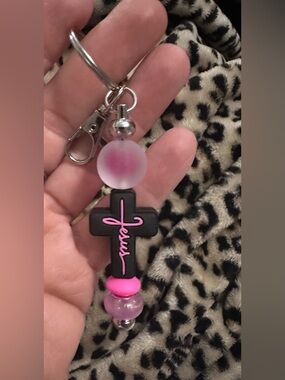 Pink Beaded Jesus Cross Keychain